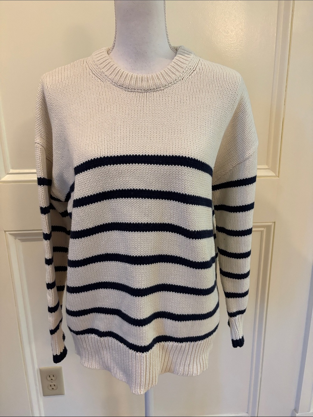Classic Cream Crewneck Sweater with Navy Stripes